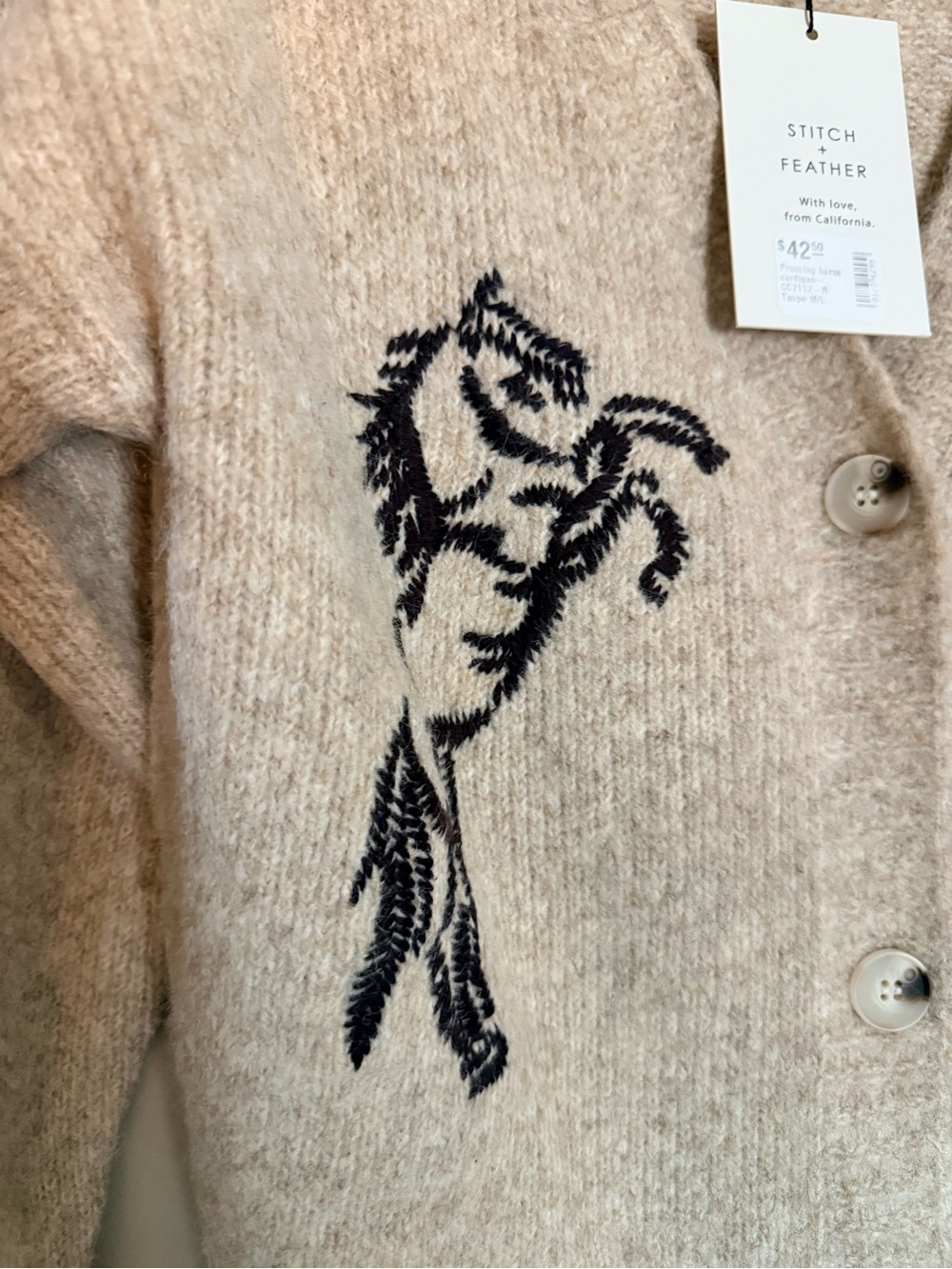Stitch and Feather Beige Horse Cardigan Sweater NWT M/L - Picture 4 of 6
